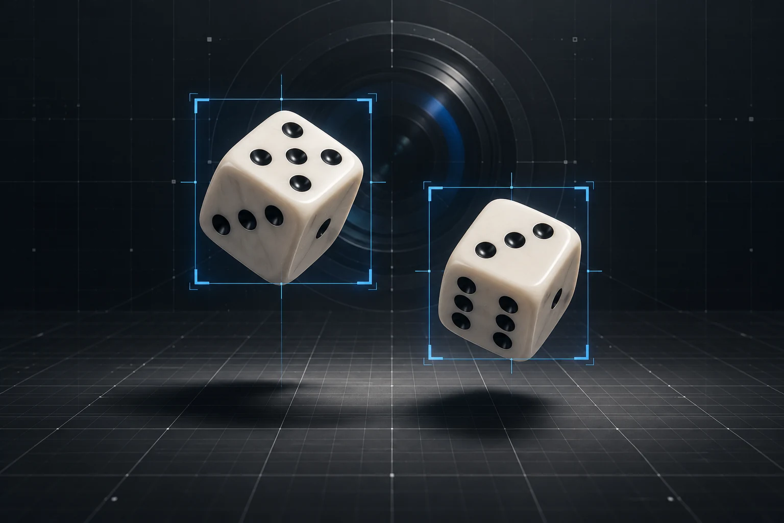 Concept illustration of ivory dice with blue computer vision tracking boxes