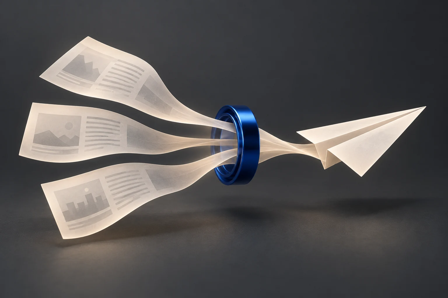 Concept illustration of news articles passing through a processing ring into a paper plane